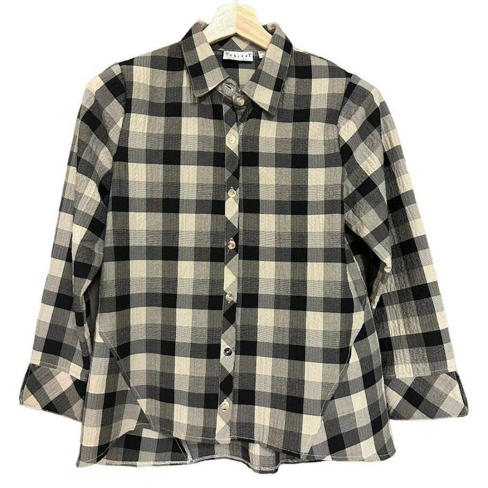 Habitat Tan Black Check Rayon Blend Long Sleeve Button Front Blouse‎ Womens S